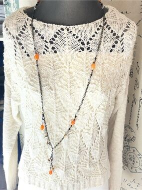 long boho-style necklace Yshaped drop translucent orange, glass, &black beads